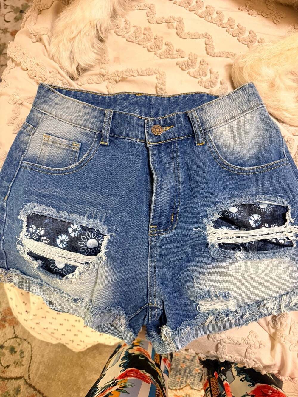 Unbranded Bandana Patchwork Ripped Denim Shorts Blue